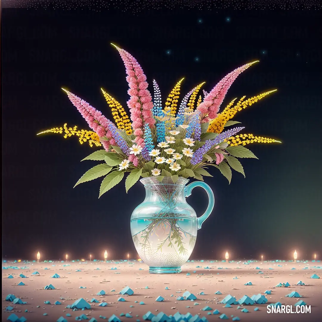 Vase filled with lots of flowers on top of a table covered in blue petals and candles in the background