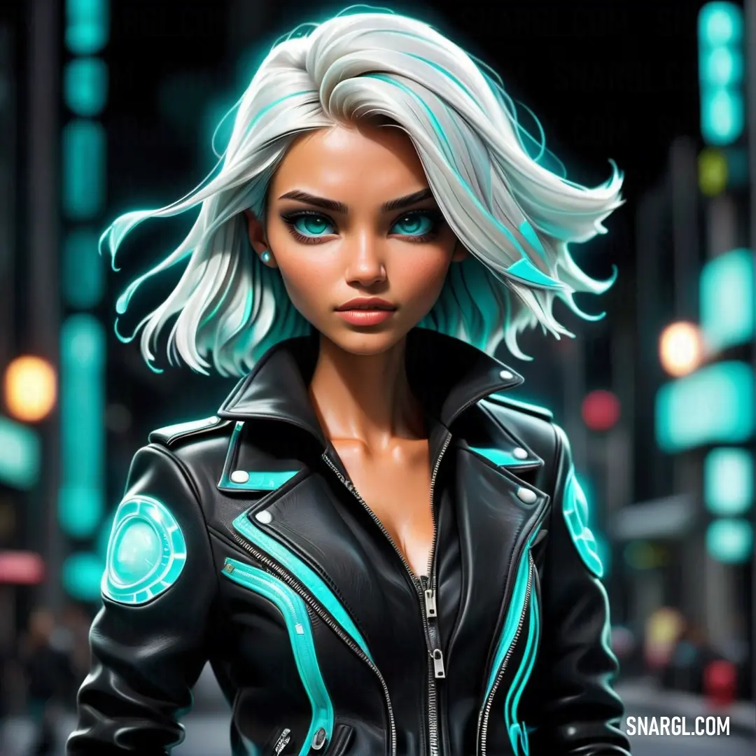 Woman in a black leather jacket and blue eyes standing on a city street at night with a neon light. Example of #30D5C8 color.