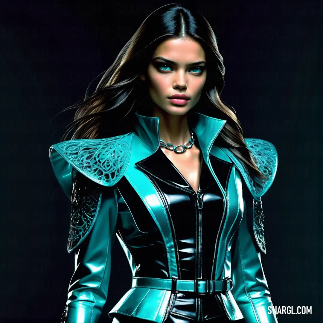 Turquoise color example: Woman in a leather outfit with a necklace on her neck and a black background