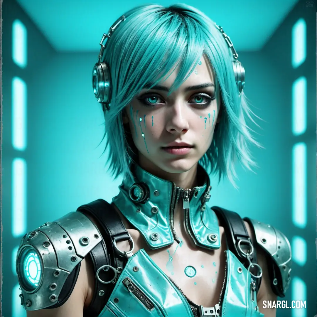Woman with blue hair and headphones in a futuristic setting with a blue background and a blue light. Example of CMYK 77,0,6,16 color.