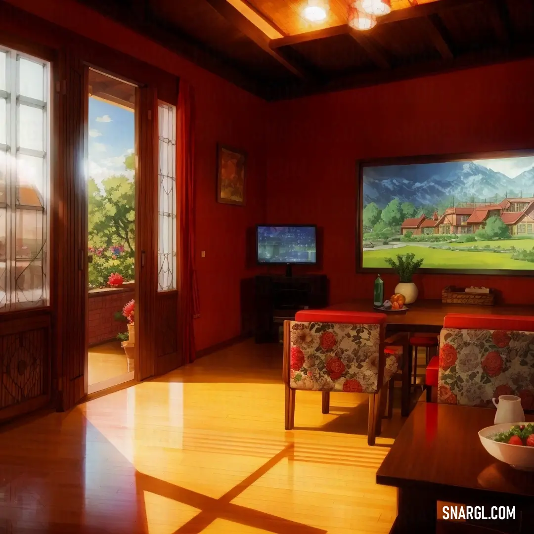 Living room with a large screen tv and a bowl of fruit on the table in front of it
