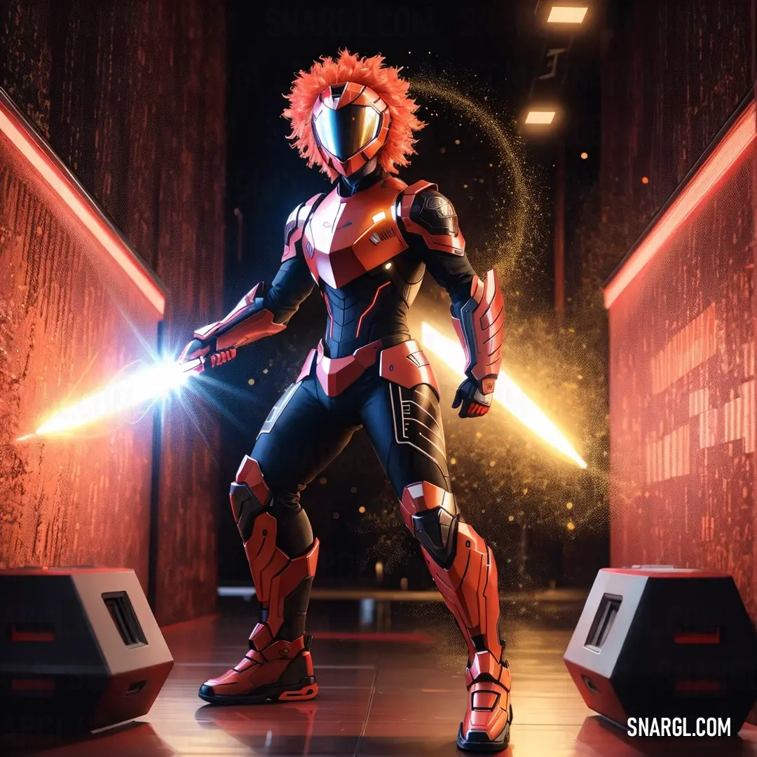Man in a futuristic suit with a light saber in his hand and a red hair