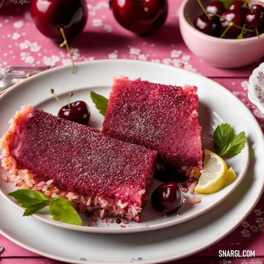 Plate with two pieces of cake on it and cherries on the table next to it