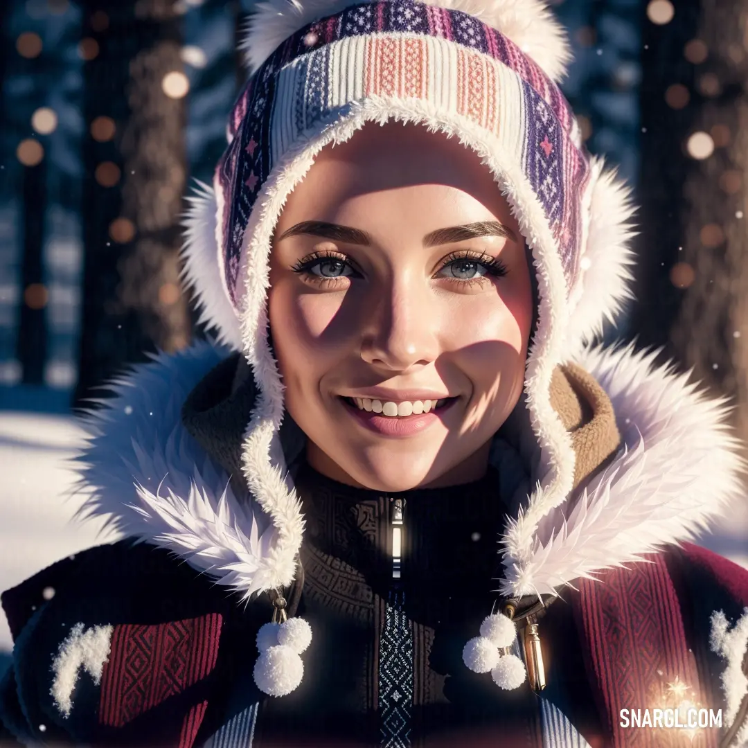 Woman wearing a hat and a scarf in the snow with a smile on her face. Example of #66424D color.