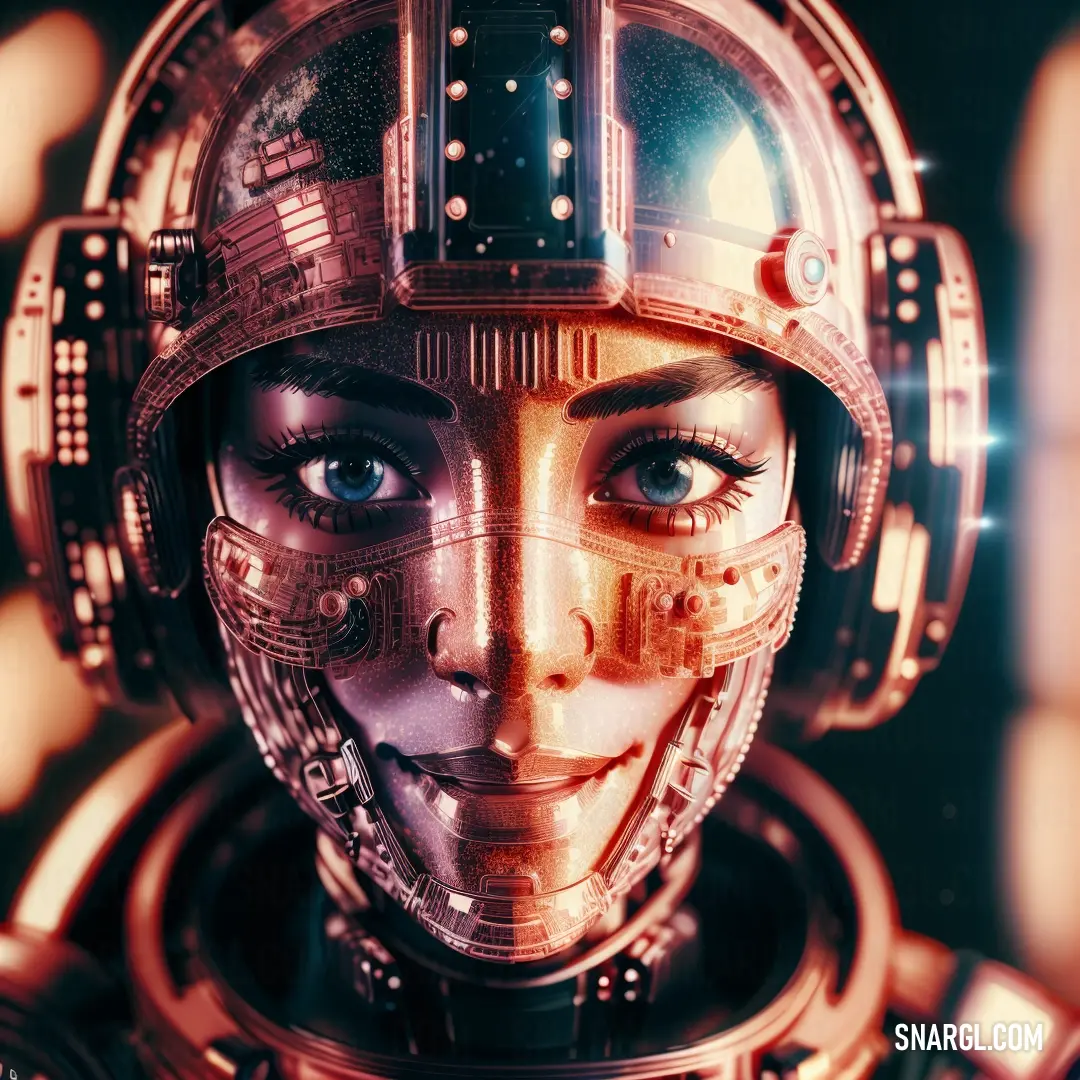 Woman with a futuristic helmet on her head and eyes looking at the camera