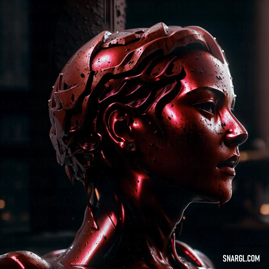 Woman with red paint on her face and body is looking away from the camera
