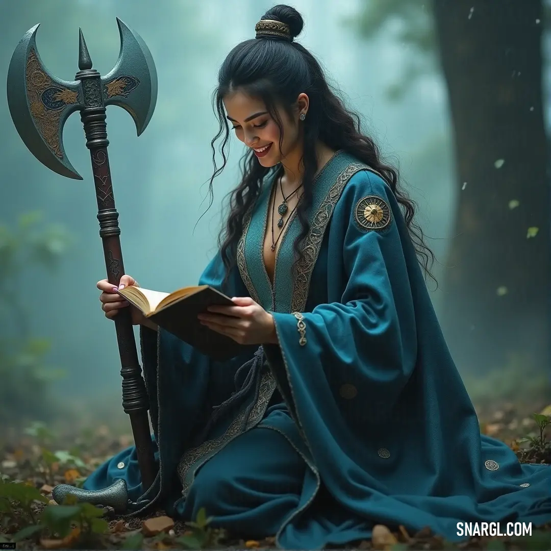 Tvashta in a stunning blue dress, balancing a large ax and a book, radiating both wisdom and power. A powerful figure named Tvashta, dressed in an elegant blue gown, stands confidently holding a large, intricate axe in one hand and a thick book in the other. Her commanding presence blends wisdom with strength, ready to embark on any challenge.