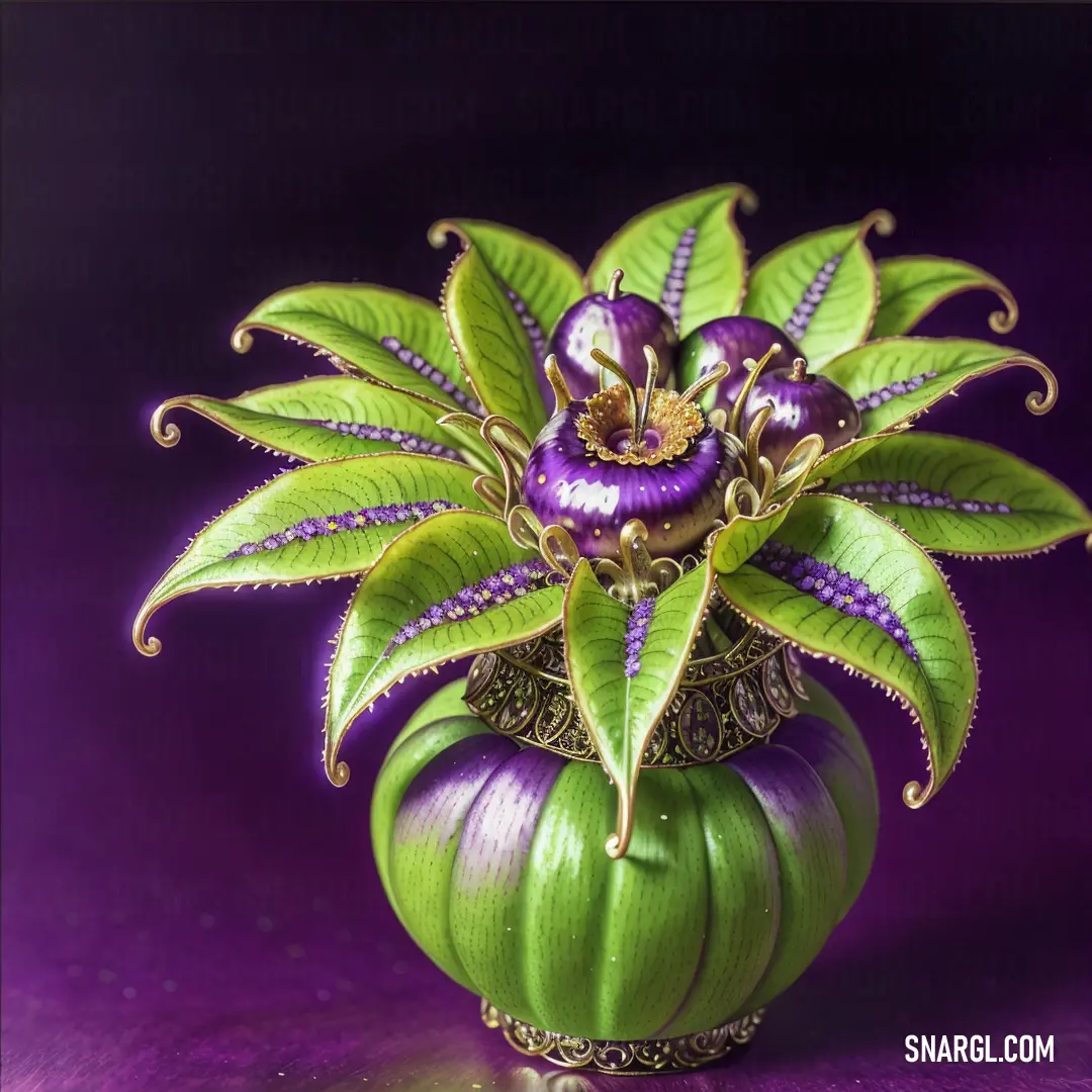 Green vase with purple flowers on a purple surface with a purple background