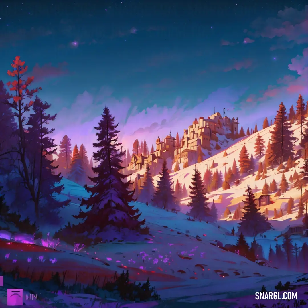 Painting of a snowy mountain with trees and a sky background at night with stars
