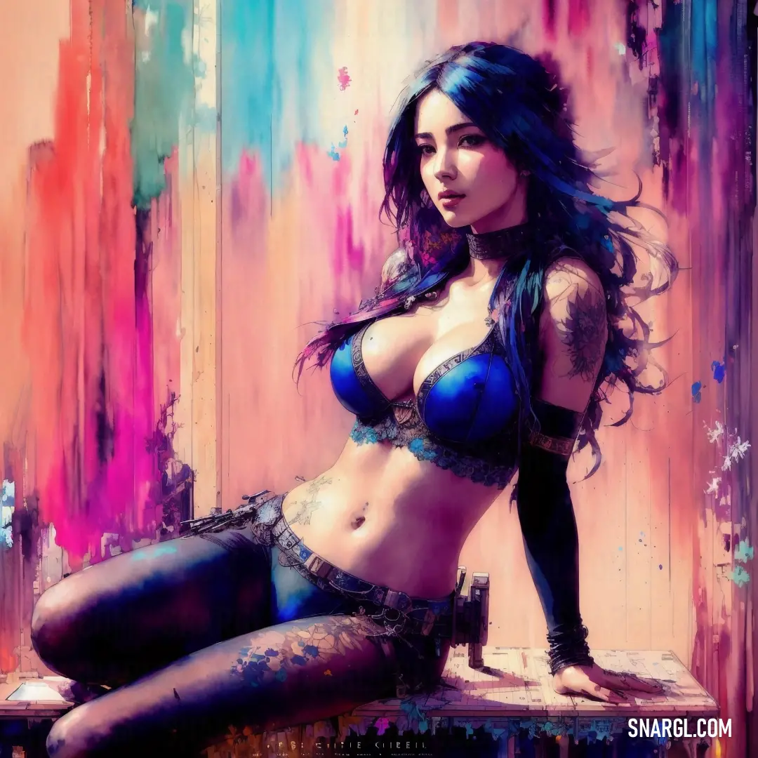 Painting of a woman in a blue bra top and stockings on a table with a colorful background