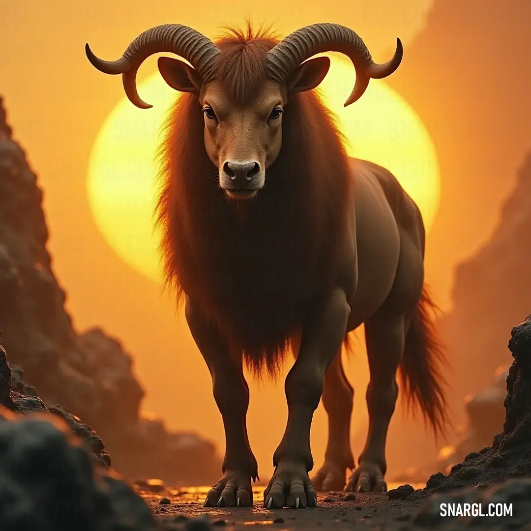A striking Tymnes with grand horns stands resolutely in a rocky area, catching the last rays of a vibrant sunset. A striking Tymnes with grand horns stands proudly amidst rugged rocky terrain, illuminated by the warm hues of a breathtaking sunset, casting an evocative glow across the landscape.