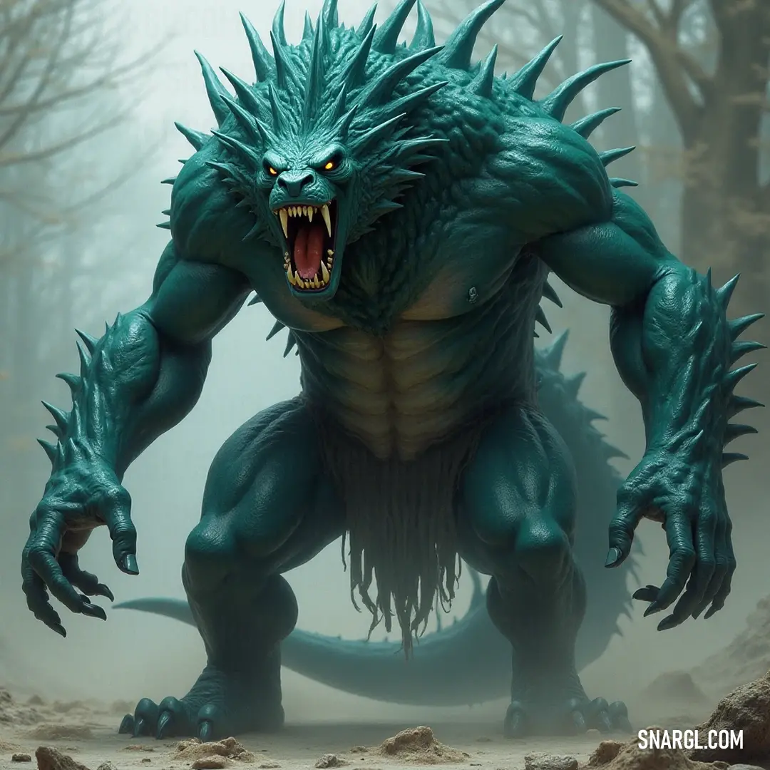 In a fog-laden forest, Typhon looms with an intimidating presence, his large mouth displaying sharp teeth, surrounded by ancient trees and jagged rocks, a legendary figure symbolizing chaos and raw primal power.