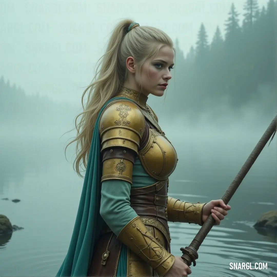Týr, sword in hand, stands in a mist-filled lake, his armor gleaming in the ethereal fog, his stance as powerful as the elements around him. Týr, clad in armor, stands in a lake, sword drawn, surrounded by mist. The fog envelops him, adding an aura of mystery and power to his already formidable presence.