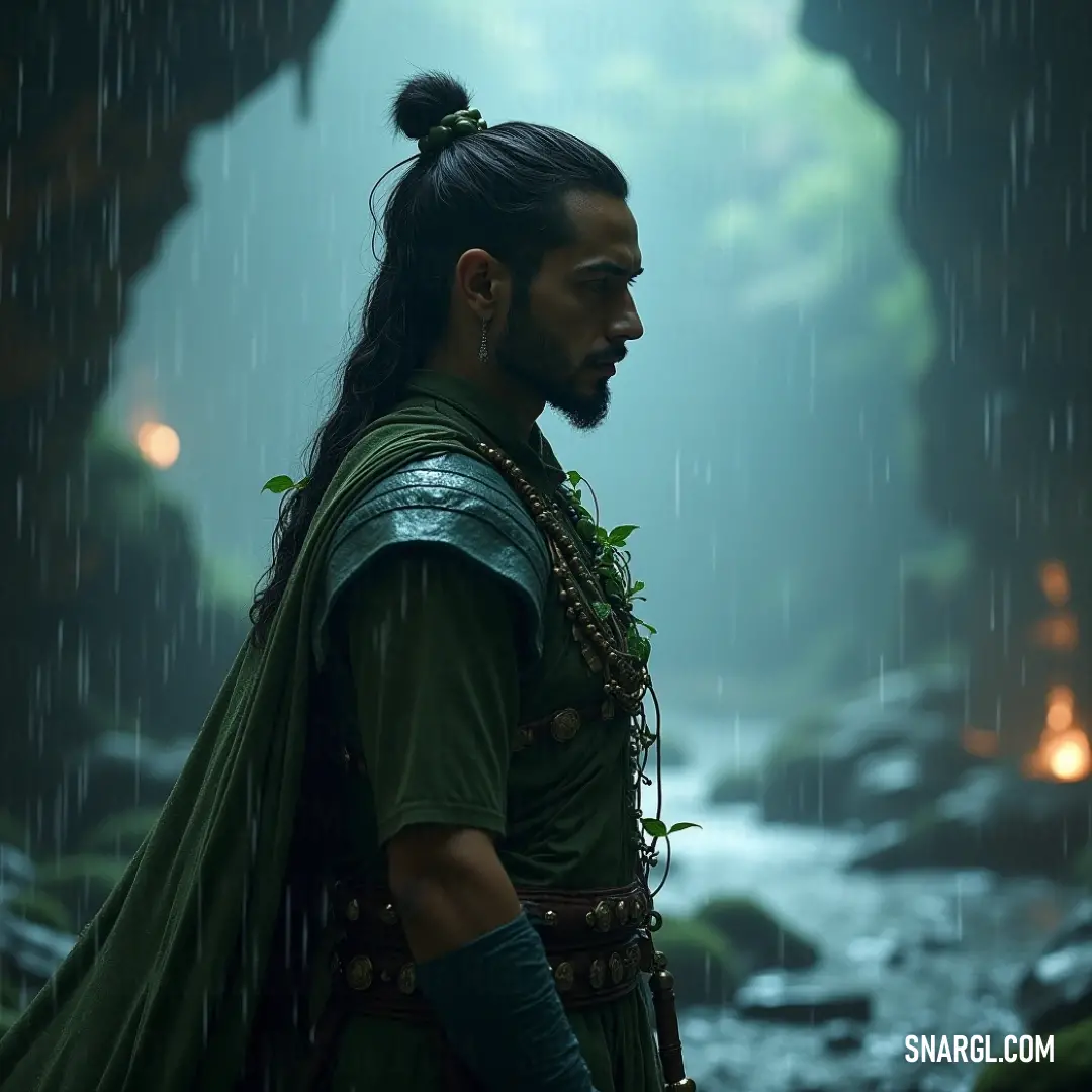 A commanding figure clad in vibrant green attire stands nobly in the rain, exuding strength and resolve as the weather intensifies, amplifying their heroic presence. A heroic figure with long hair and a flowing green cape stands boldly in the rain, their expression resolute, embodying a sense of power and determination against the elements that surround them.