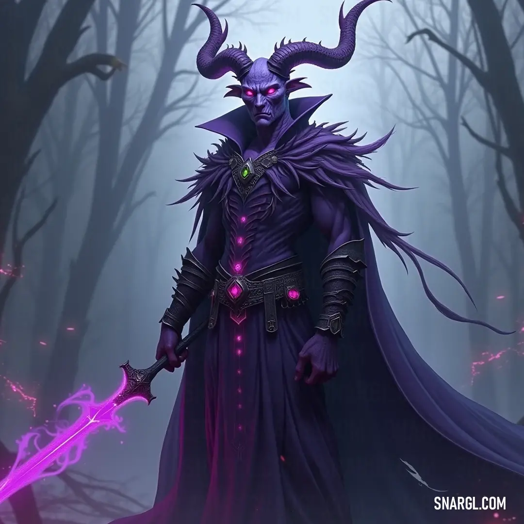 A striking warrior in an elegant purple ensemble wields a glistening purple sword, standing resolute in a forest shrouded in mysterious fog, evoking an air of intrigue and power.