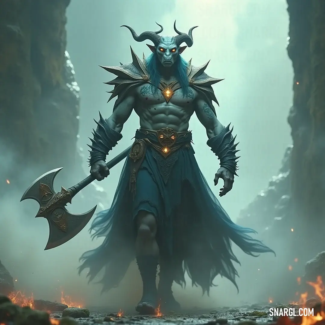 An imposing figure with a horned visage clutches a massive axe, engulfed by smoke and flames inside a dark cave, embodying the embodiment of strength amidst the turmoil of his surroundings.