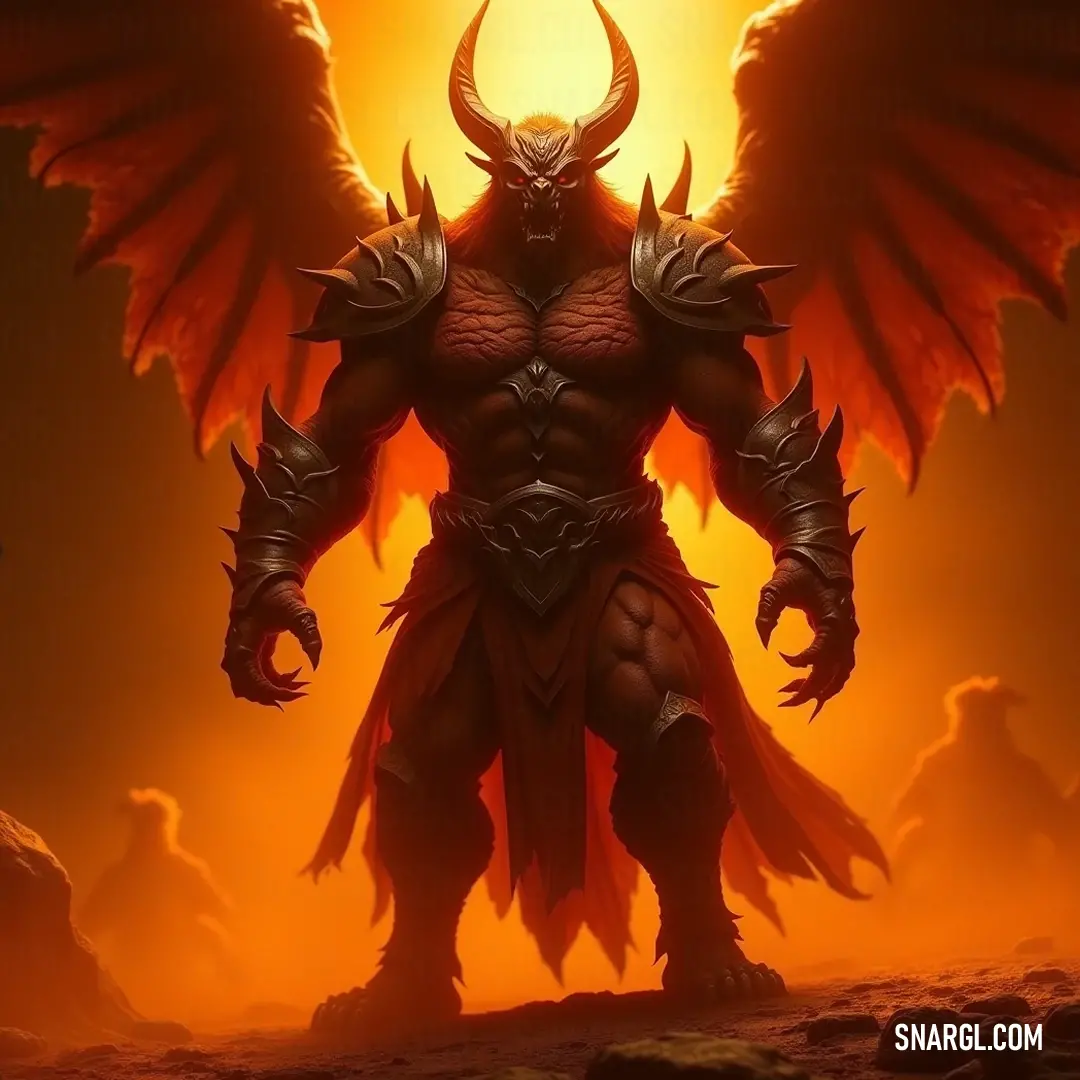 Demonic Tyrael stands resolute in a sun-drenched desert, his vast wings casting shadows against the blood-red sky, symbolizing a striking contrast between light and dark amidst the swirling sands.