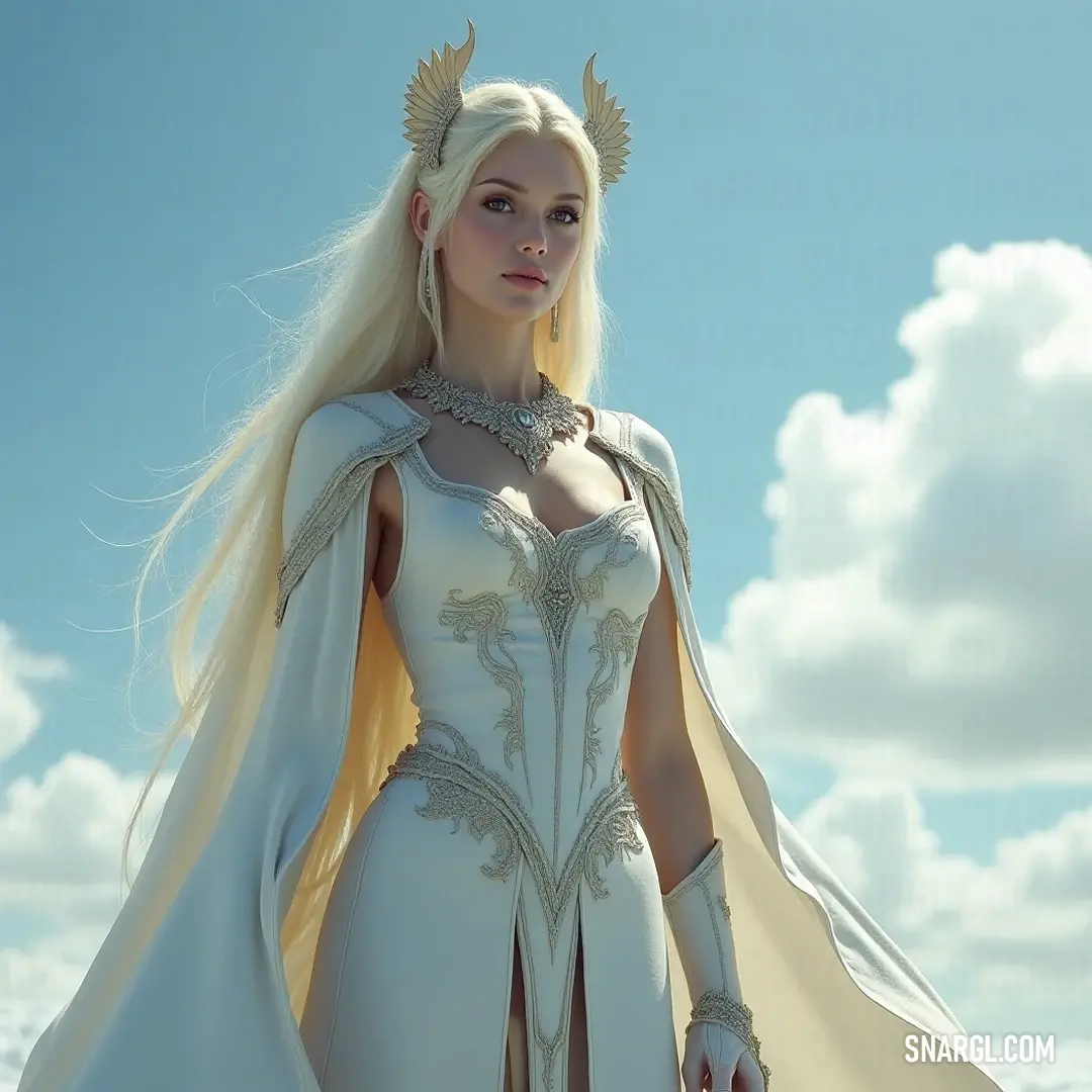 Draped in a flowing white dress with a cape, a warrior figure stands poised, with a regal sword resting on her head, blending strength and elegance in a moment of calm before the storm.