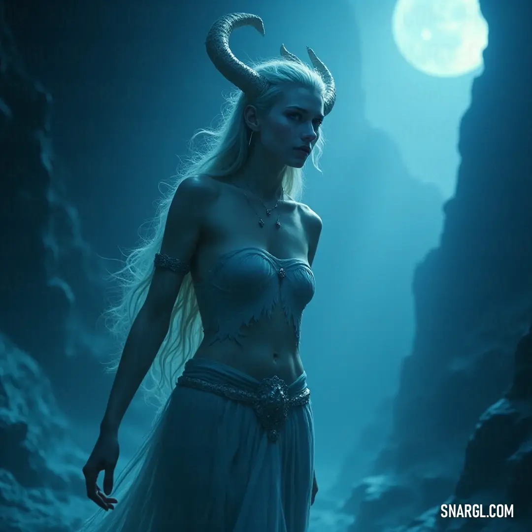 A mystical figure with elegant horns emerges from gently rippling water, donning a flowing dress that dances with the waves, under the silvery glow of a radiant moon casting reflections on the surface.
