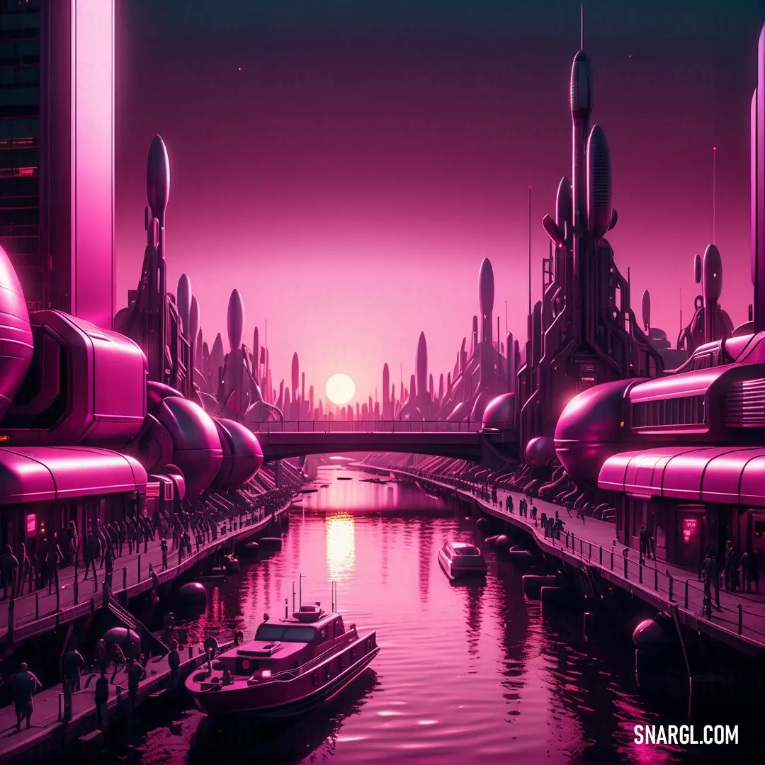 Futuristic city with a boat in the water and a pink sky above it. Color CMYK 0,98,41,60.