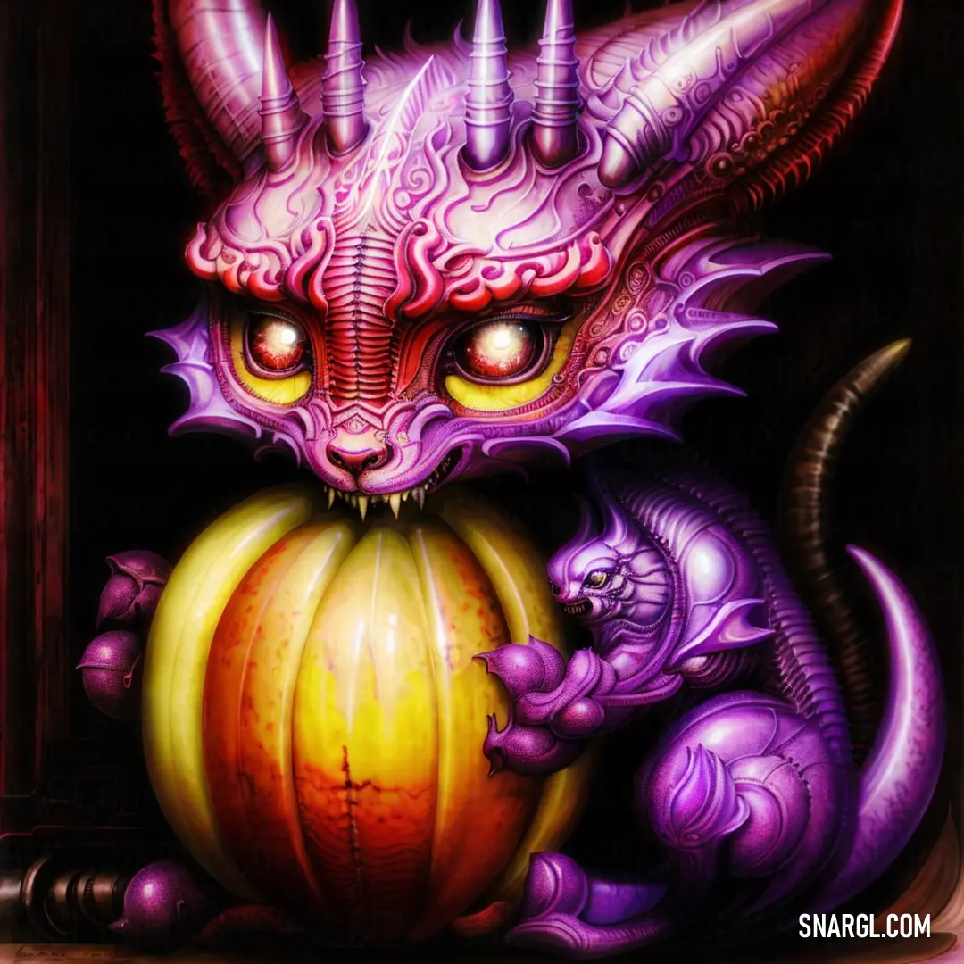 Painting of a dragon with a pumpkin in its mouth and a demon like head on it's face