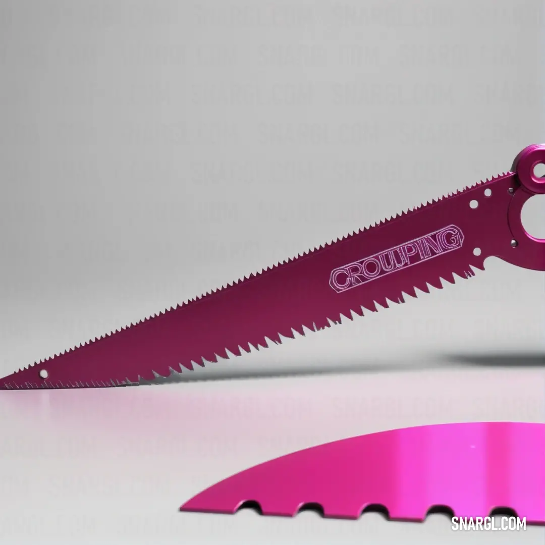 Tyrian purple color example: Pink saw is laying on a white surface with a pink handle and a pink blade on the side