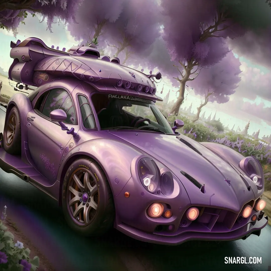 Purple car with a surfboard on top of it's roof is driving down a road with trees