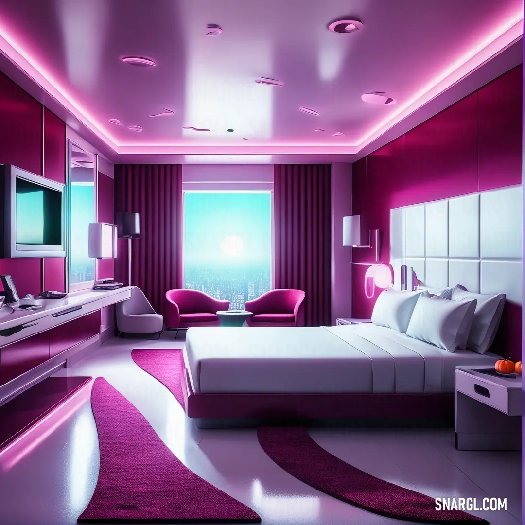 Bedroom with a purple and white theme and a pink rug on the floor and a bed. Color Tyrian purple.