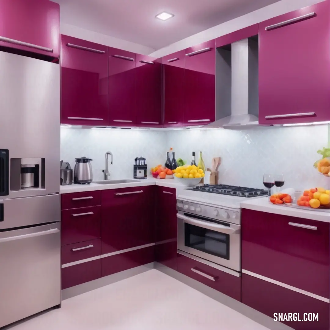 Kitchen with a refrigerator, stove. Color CMYK 0,98,41,60.