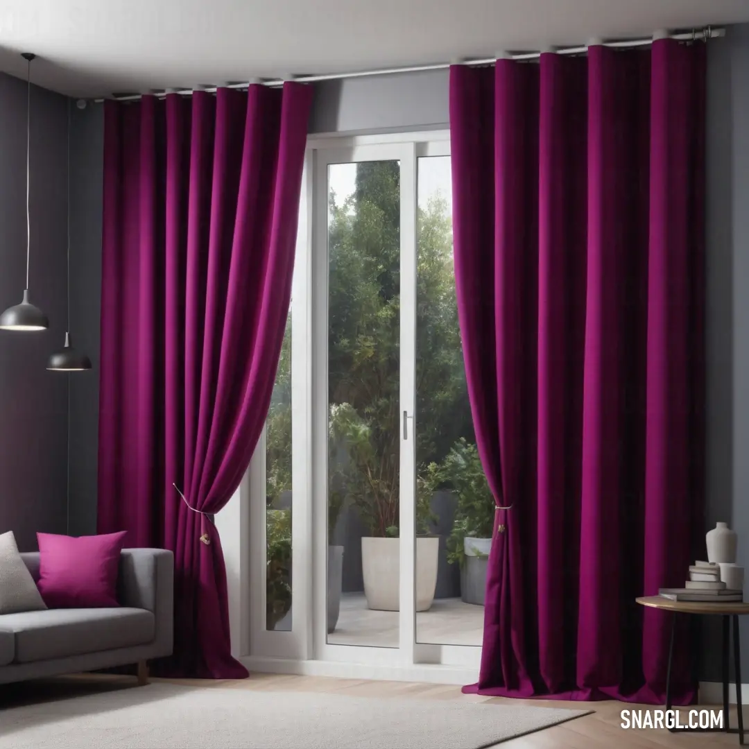 Living room with a couch and a window with a purple curtain on it and a white rug on the floor. Example of Tyrian purple color.
