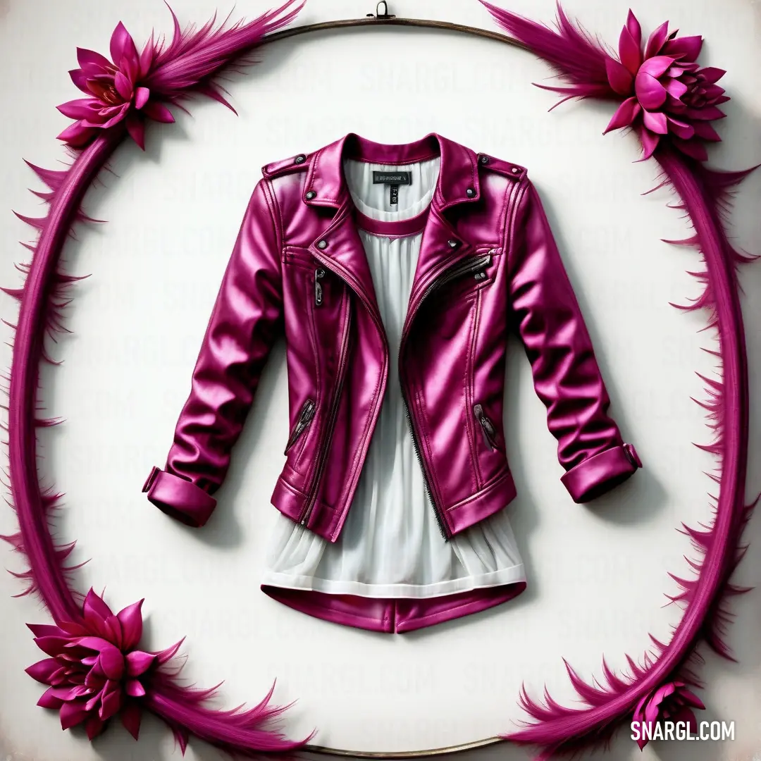 Pink leather jacket with flowers on a white background. Example of CMYK 0,98,41,60 color.