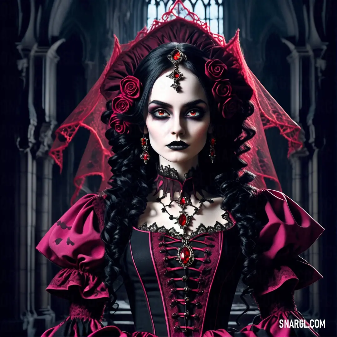 Woman in a red dress with a veil on her head and a gothic make up on her face. Color #66023C.