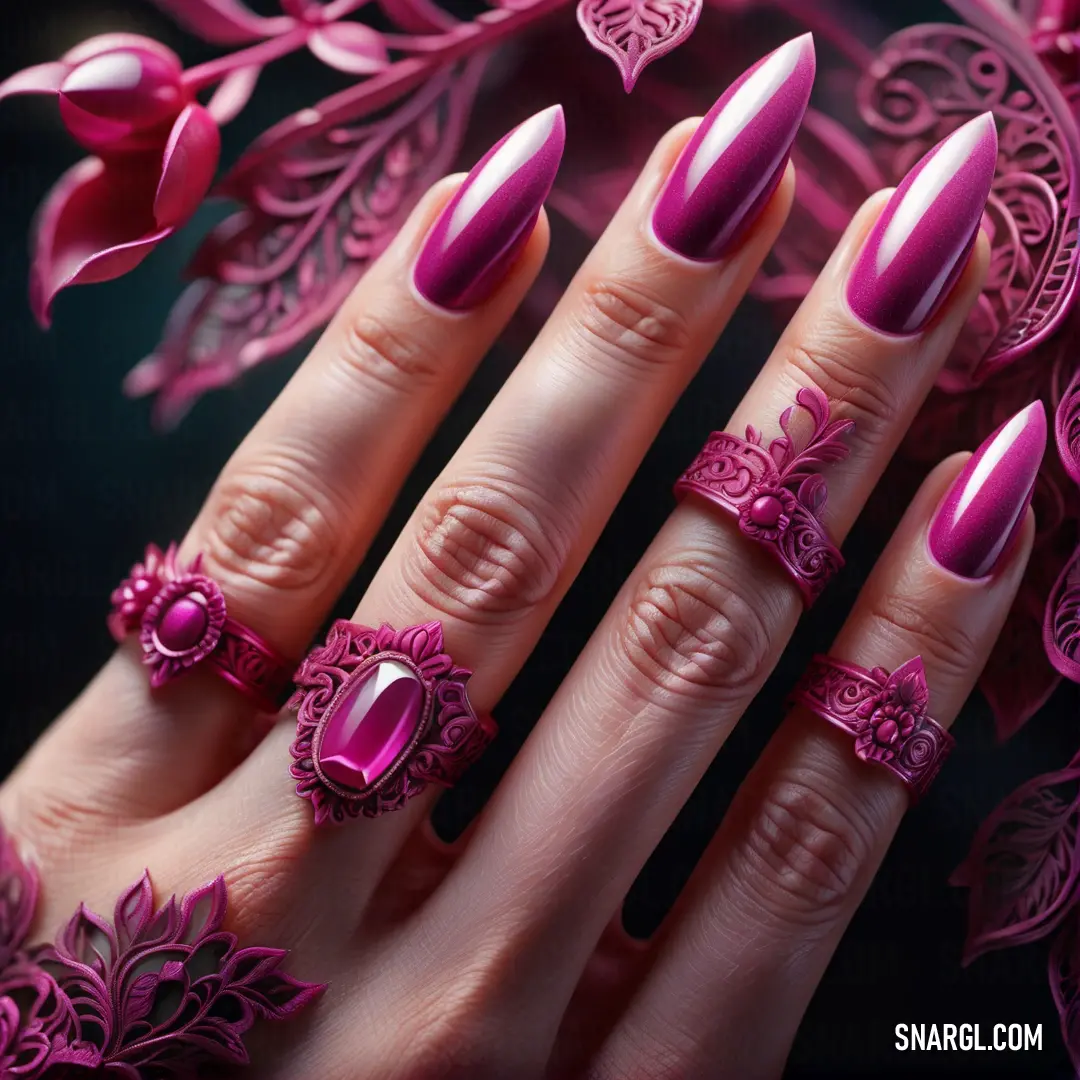 Tyrian purple color. Woman's hand with pink manicures and rings on it