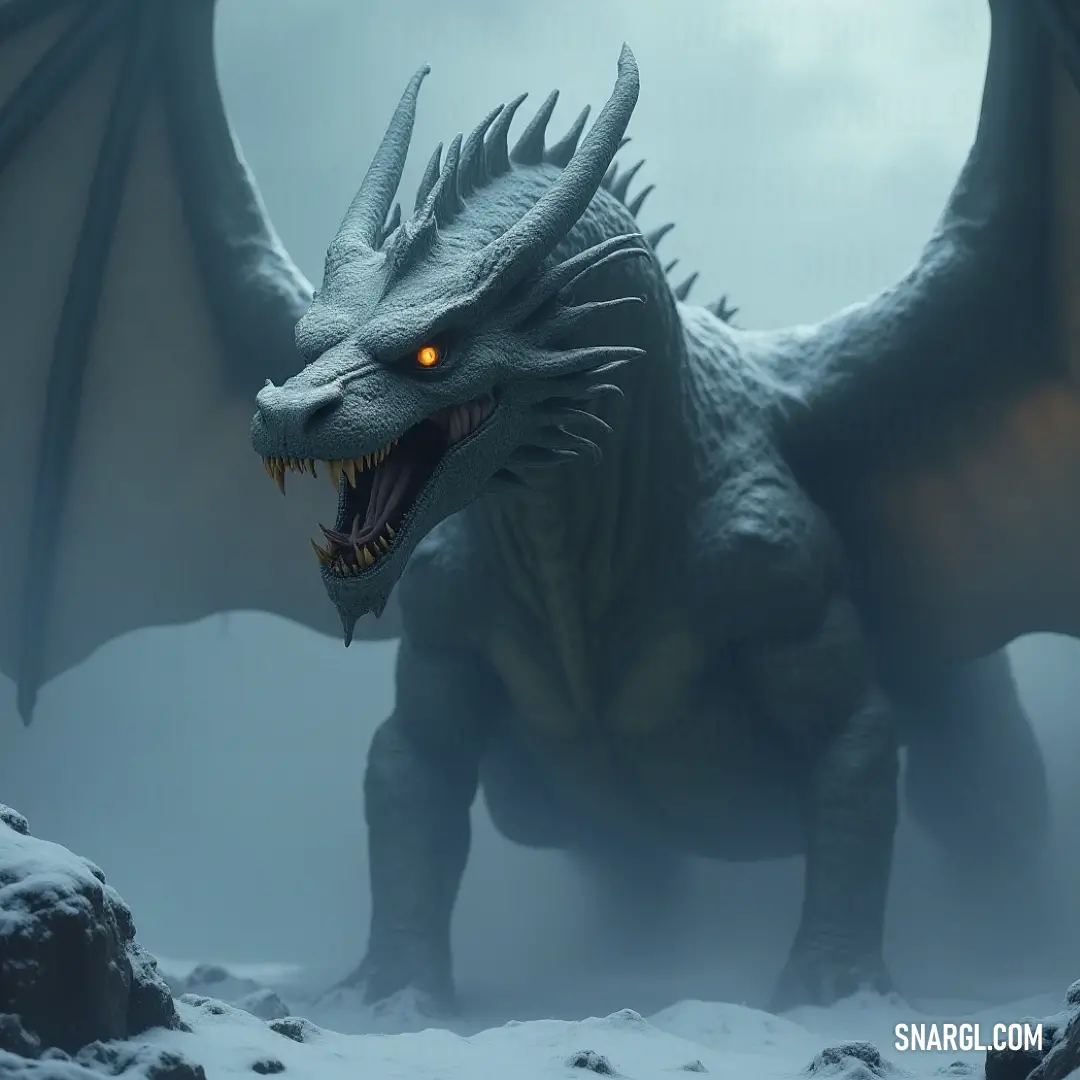 The mighty tyrion stands stoic in the snow, its glowing eyes burning with power, casting an eerie light across the frozen world beneath it, a true force of nature. A large tyrion, with glowing eyes that pierce the icy air, stands tall in the snow, its massive wings folded behind it, watching over a cold, wintry landscape beneath a pale sky.