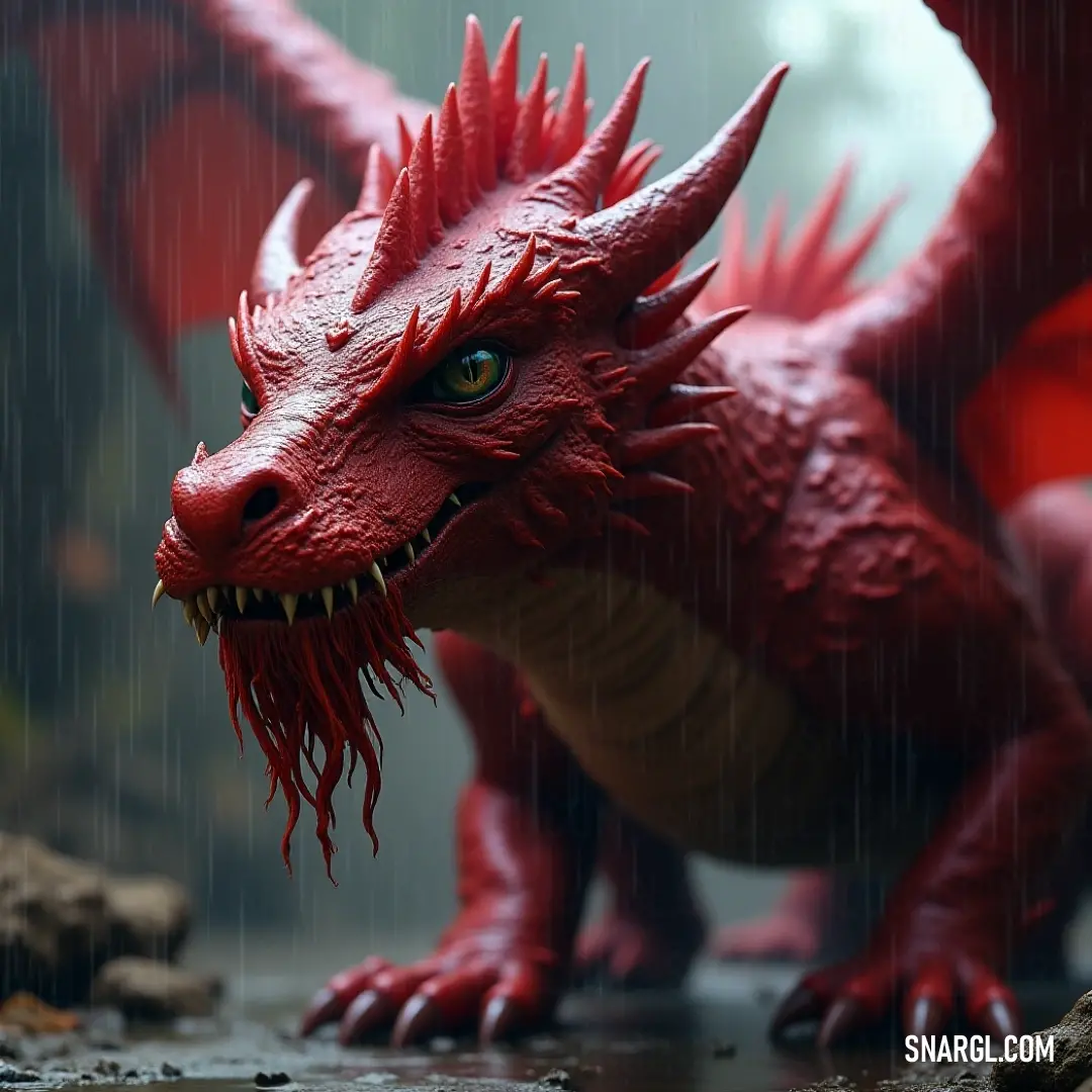The resilient red Tyrion statue in a rainstorm, expressing emotion with its wide-open eyes and mouth, surrounded by the intensity of nature. In a dramatic downpour, the striking red statue of Tyrion stands resiliently, mouth agape and eyes wide open, as raindrops cascade around it. This surreal scene captures a moment of raw emotion against the elements, demonstrating strength amid adversity.