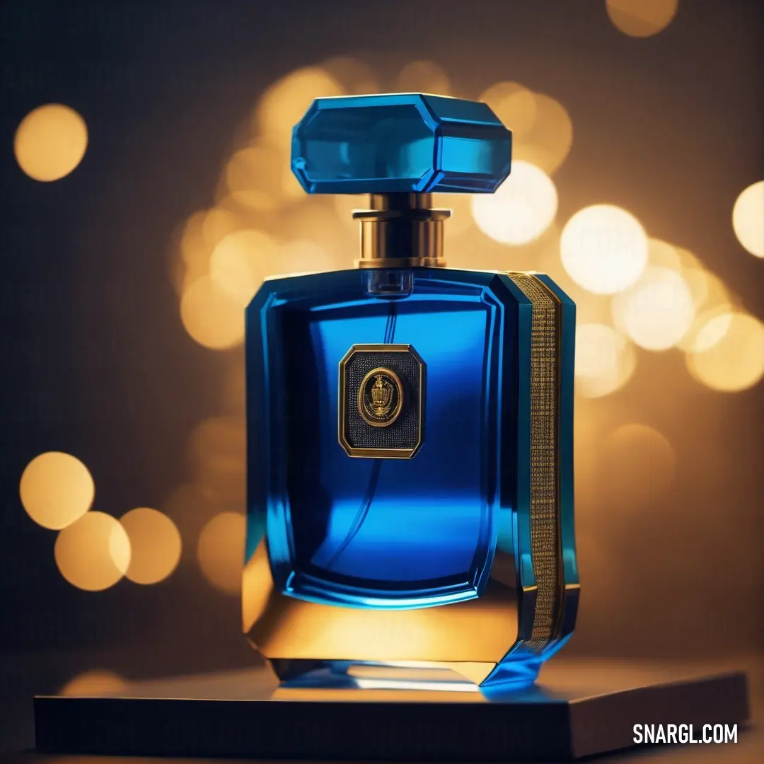 UA blue color example: Blue bottle of perfume on top of a table next to a light filled background