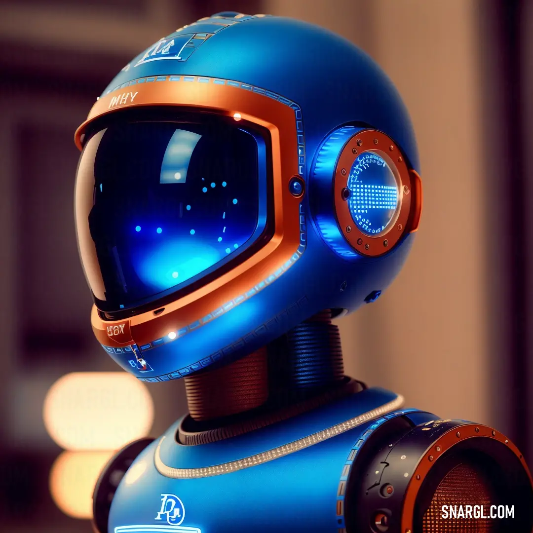 Blue robot with a blue helmet and a red light on its face