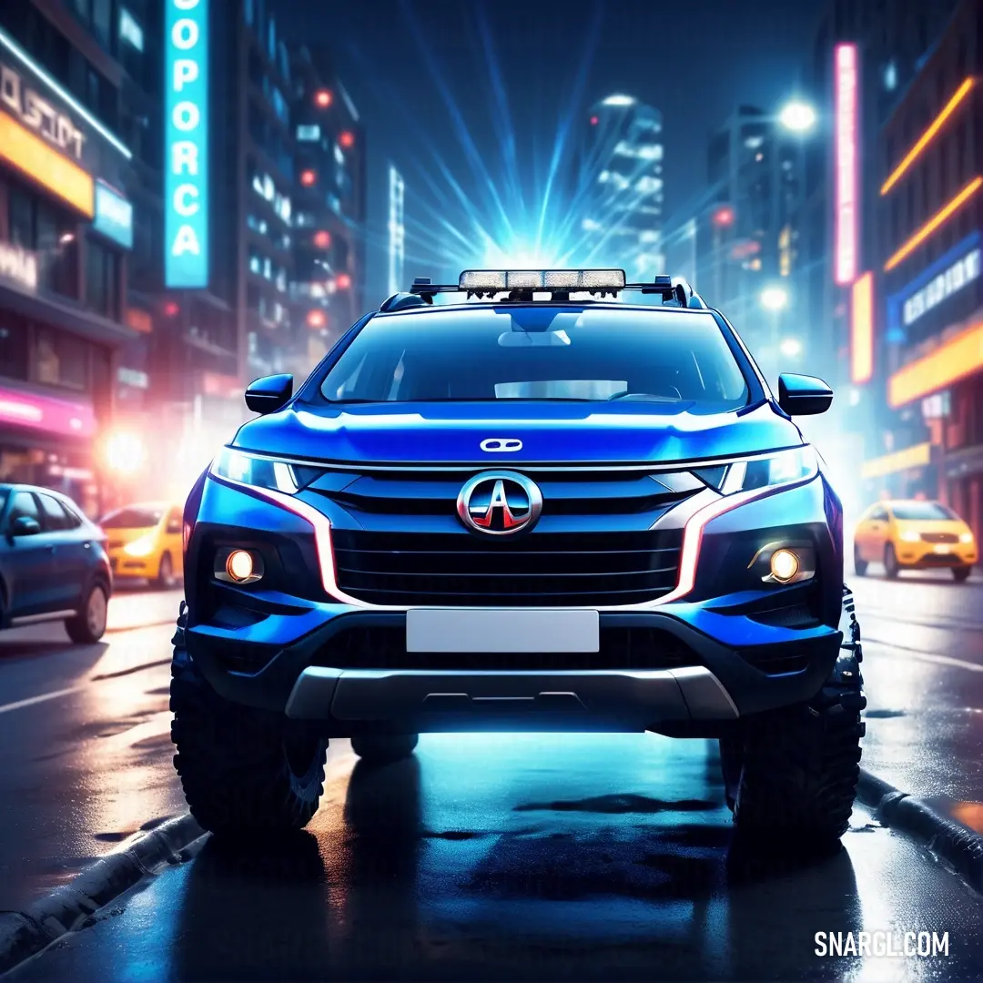 Blue suv driving down a city street at night with bright lights on it's roof and headlights. Example of RGB 0,51,170 color.