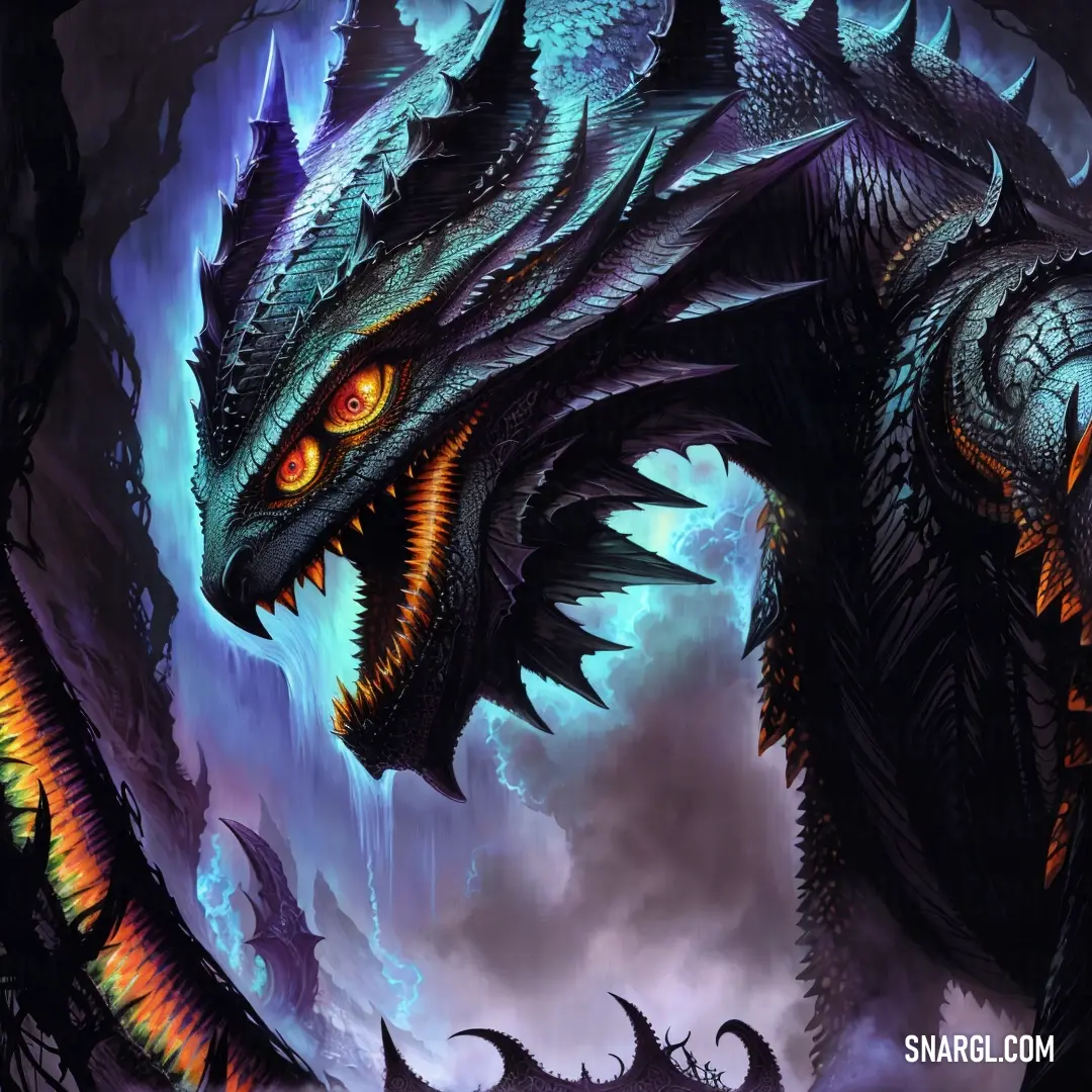 Dragon with glowing eyes and a large head is in the air above a group of smaller monsters in a dark