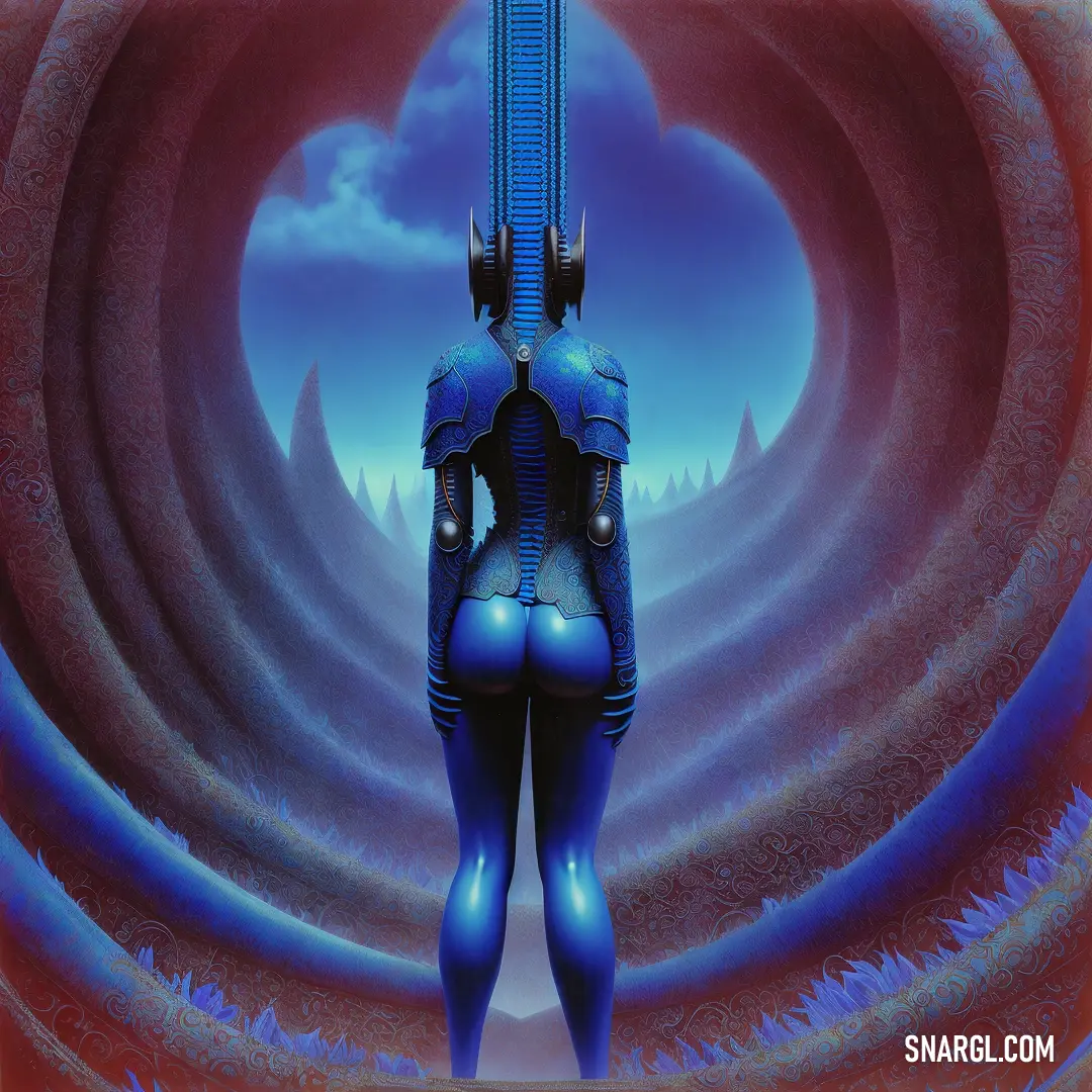 Futuristic woman with a sci - fi fidget suit and a sci - fidget sword in front of a blue and red background