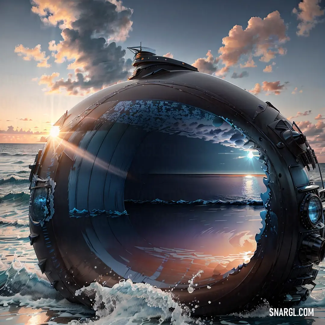 Large object floating in the ocean with a sky background and clouds above it