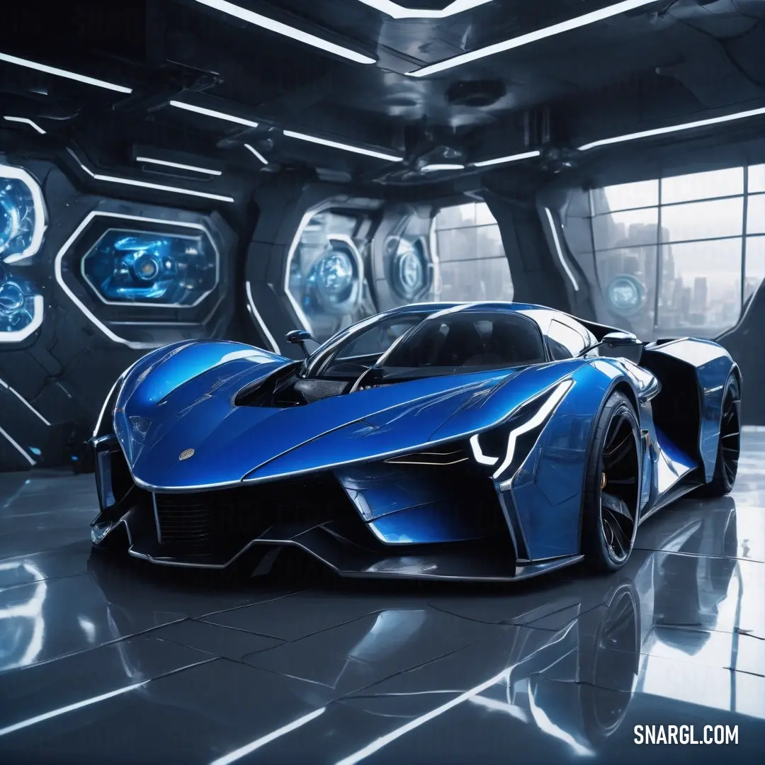 Blue sports car in a futuristic setting with lights on the ceiling and a large window behind it. Example of RGB 0,51,170 color.