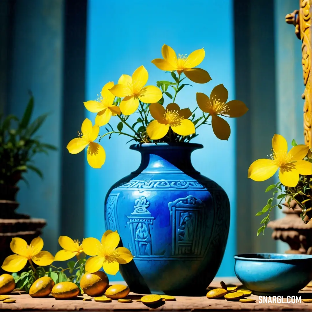 Blue vase with yellow flowers in it and a bowl of yellow flowers in front of it on a table. Color CMYK 100,70,0,33.