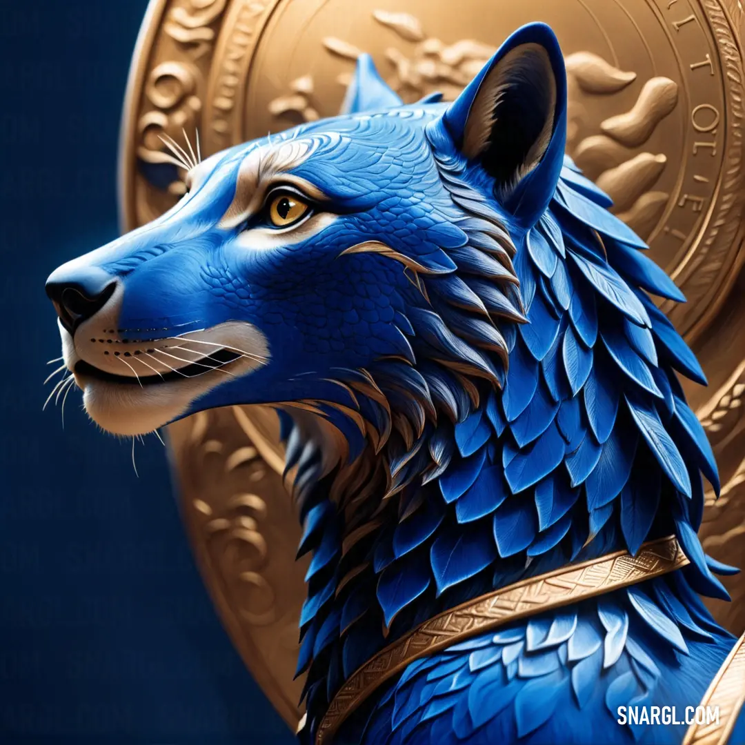 UA blue color. Blue wolf statue is shown against a blue background