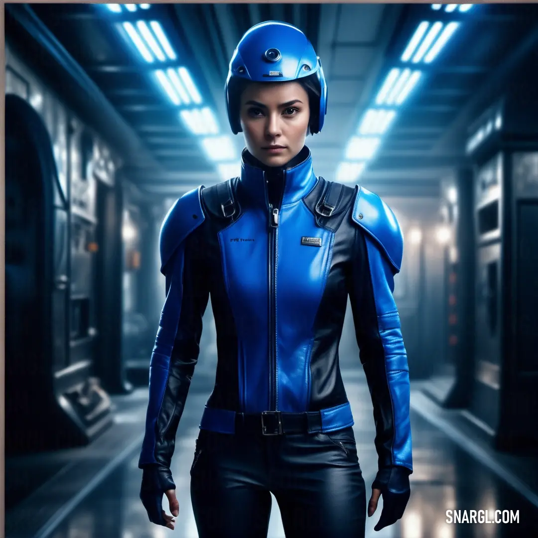 Woman in a blue leather outfit and helmet standing in a hallway with a train on the other side. Example of UA blue color.