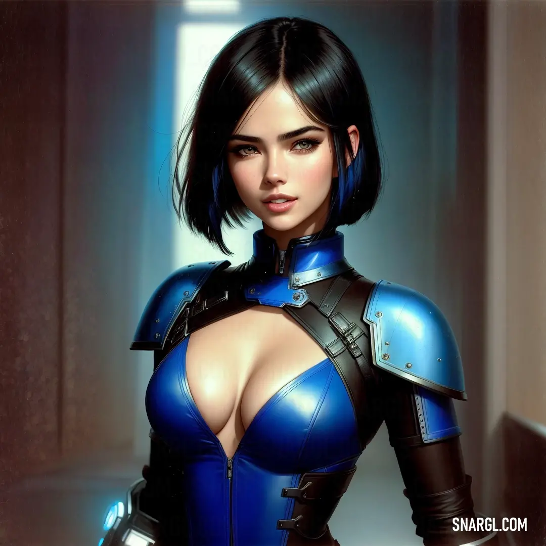 Woman in a blue suit with a helmet and gloves on her chest. Color RGB 0,51,170.