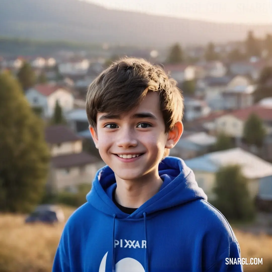 Young boy in a blue hoodie smiles at the camera with a city in the background. Example of RGB 0,51,170 color.