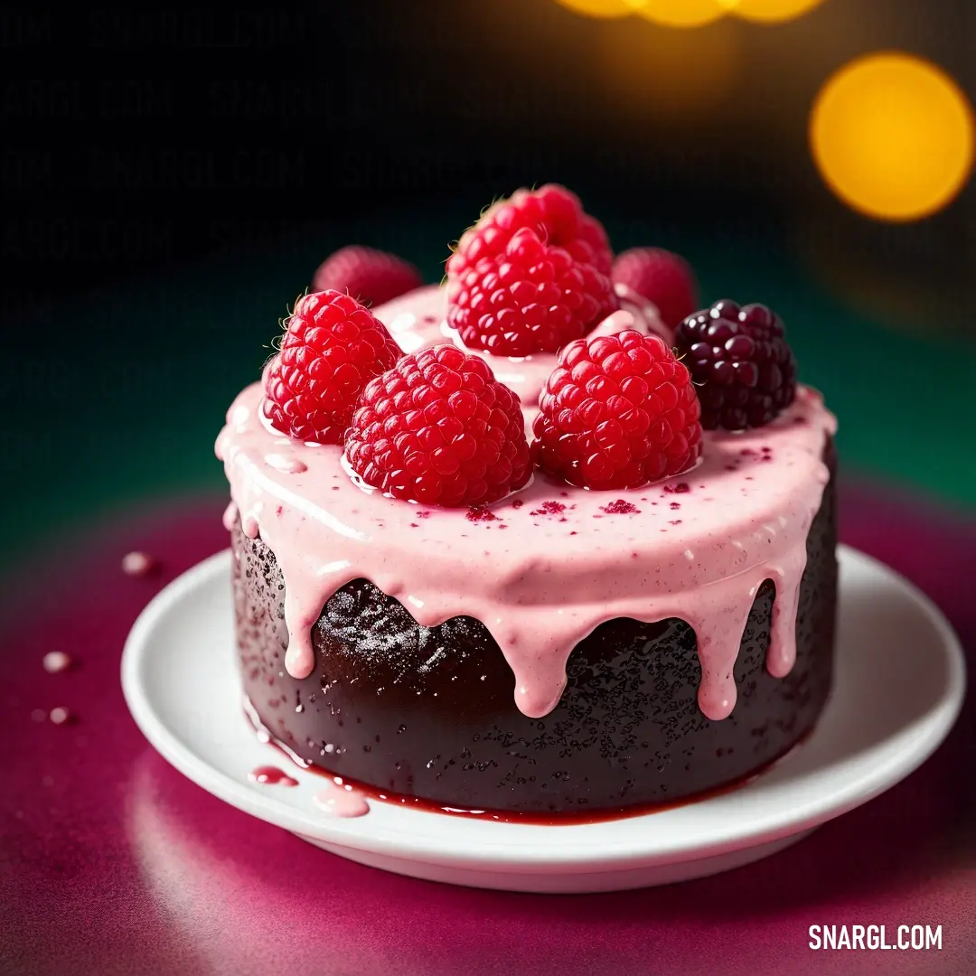 Chocolate cake with raspberries on top of it on a plate with a pink frosting and a green background