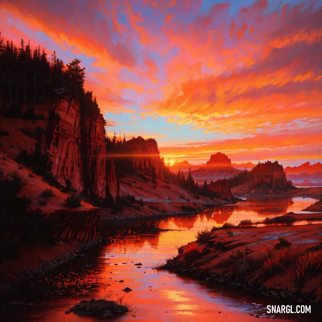 Painting of a sunset over a river with mountains in the background and a red sky with clouds