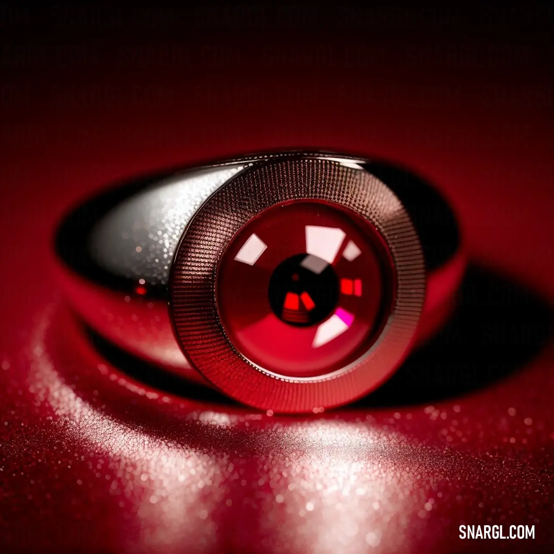 Red ring with a black center and a red center on it's side on a red surface